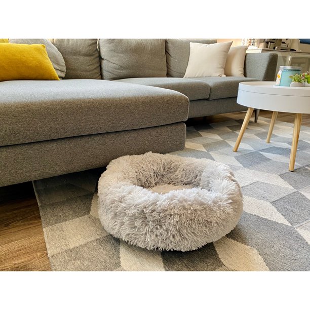 Soft Plush Faux Fur Round Donut Pet Bed for Dogs and Cats, Light Gray