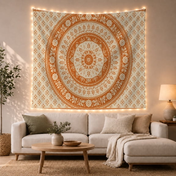 Orange Floral Mandala with Botanical Rings, Calming Boho Art for Mandala Lovers, Bohemian Wall Art, Housewarming Gift, Tapestry Wall Hanging for Bedroom and Living Room