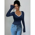 thumbnail image 4 of Women'S Sweetheart Neck Fitted T Shirts Long Bell Sleeve Ribbed Knit Tops Navy Blue L, 4 of 7