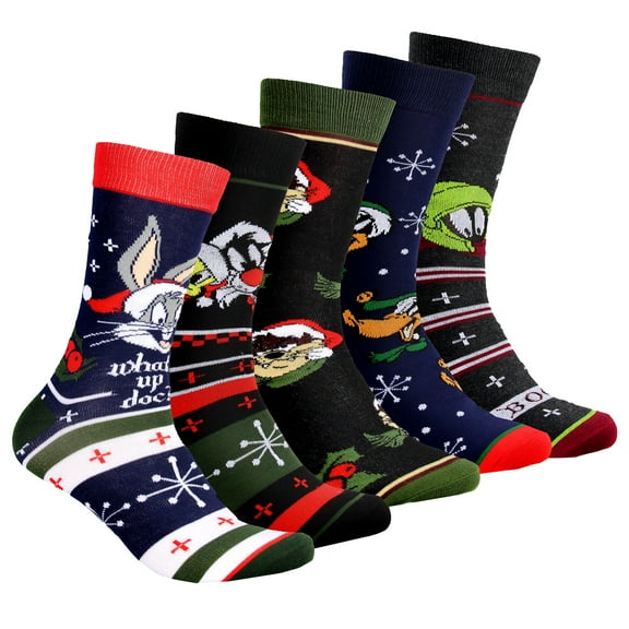 Looney Tunes Mens Character Christmas Holiday Novelty Crew Socks 5 Pack