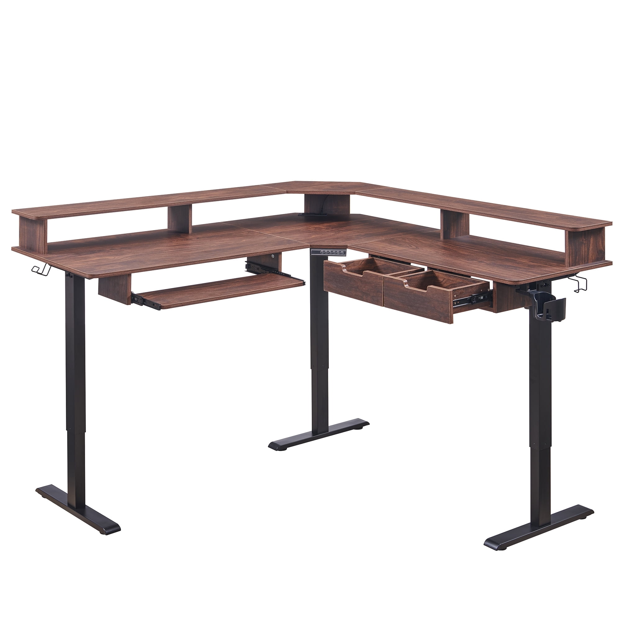 OKD 60" Electric Standing Desk with LED Strip & Power Outlets, L-Shaped Corner Desk with Shelves & Keyboard Tray, Adjustable Height Computer Desk, Dark Walnut