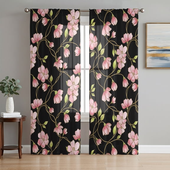 Floral Vines Sheer Curtains 72 Inch Length 2 Panels Set, Rustic Pink Flowers Leaves Botanical Black Voile Window Treatment Rod Pocket Curtains Sheers Drapes for Bedroom/Living Room/Kitchen 52"x72"x2