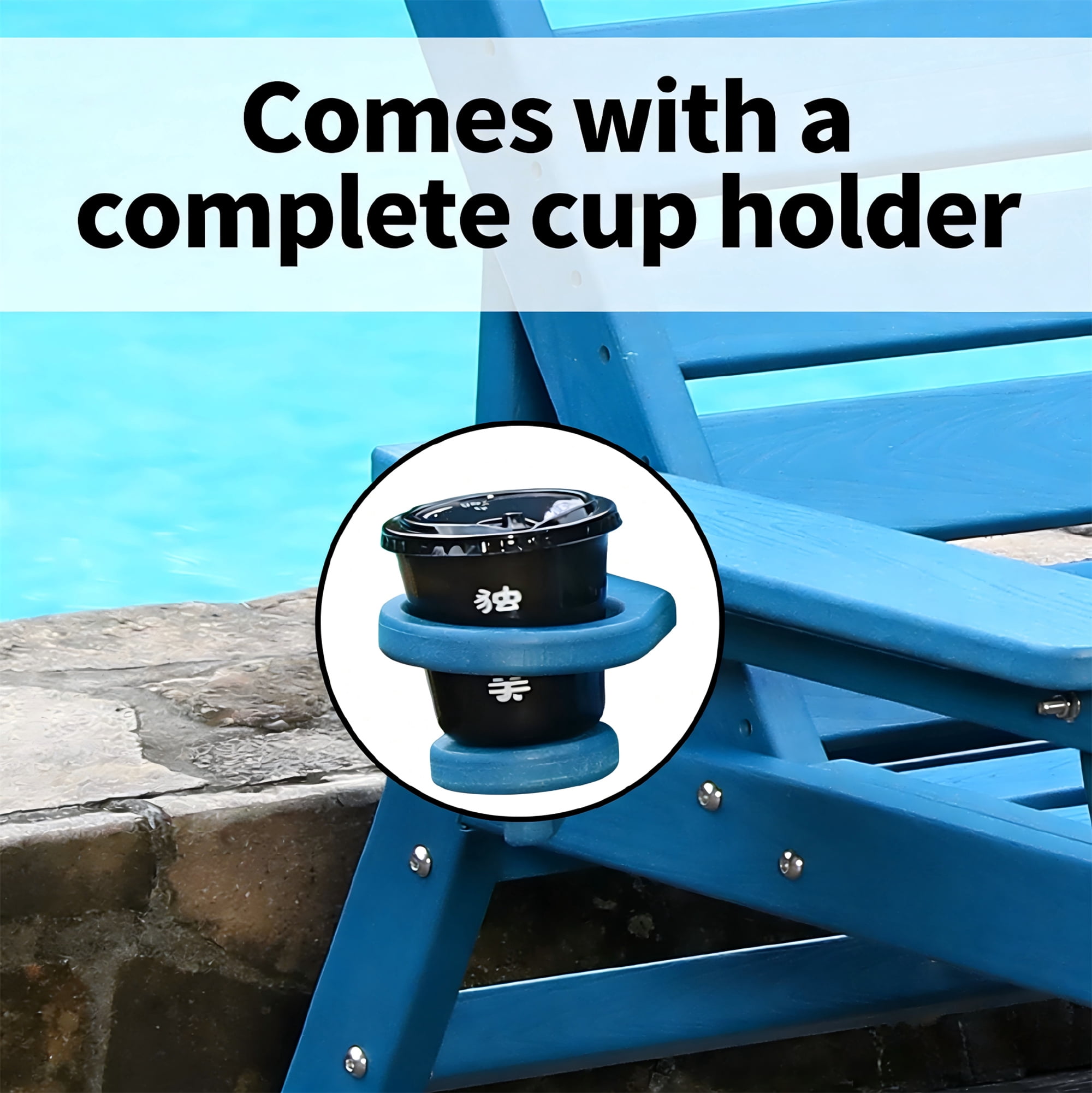 Aukfa HDPE Outdoor Patio Chaise Lounge Chair w/ Cup Holder&Wheels, 360 LBS Capacity, Blue