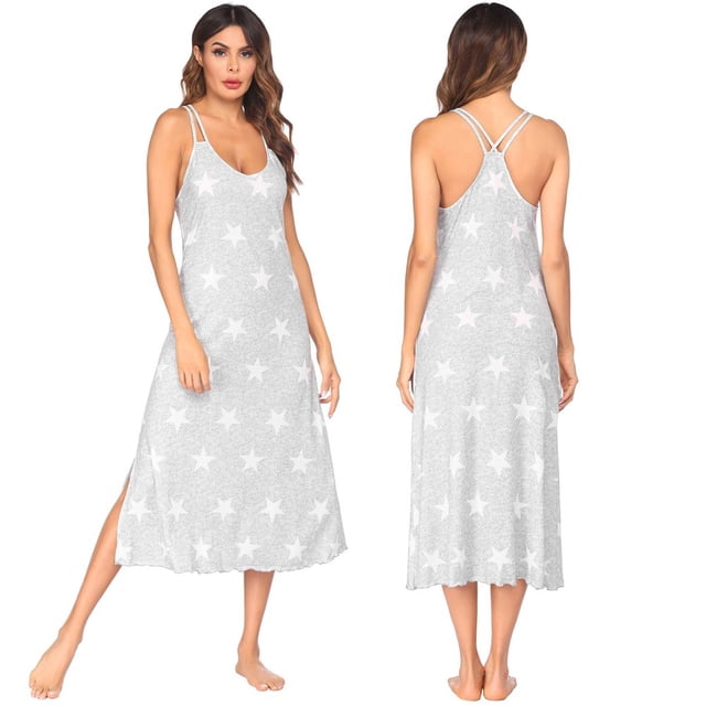 CHOK Nuisette Longue Sans Manches à Bretelles Spaghetti Col en U pour Femmes, Ourlet Fendu, Chemise de Nuit Décontractée