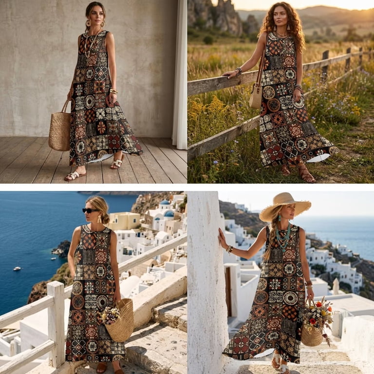 Renewold Matchable Couples Maxi Dresses and Button Down Shirts Baggy Summer Dress with Pockets for Women, Men's Hawaiian Shirts Beach Tops, Ethnic Patchwork Print Brown, 4XL