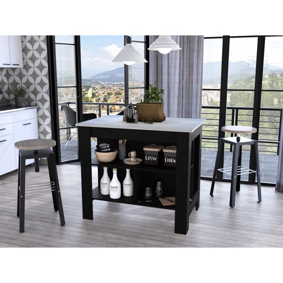 Black And Marble Kitchen Island - Functional Shelving 3-shelf Ample Workspace