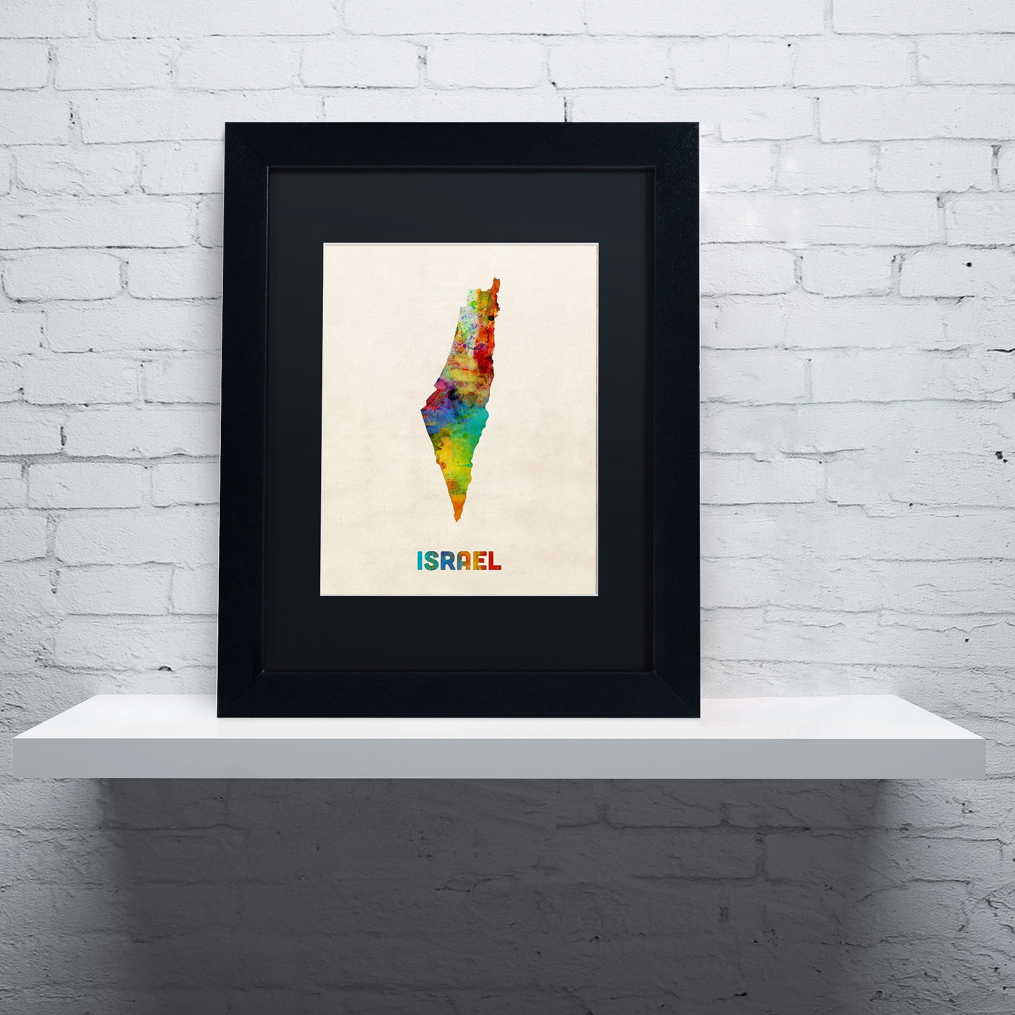 Trademark Fine Art "Israel Watercolor Map" Canvas Art by Michael Tompsett, Black Matte, Black Frame