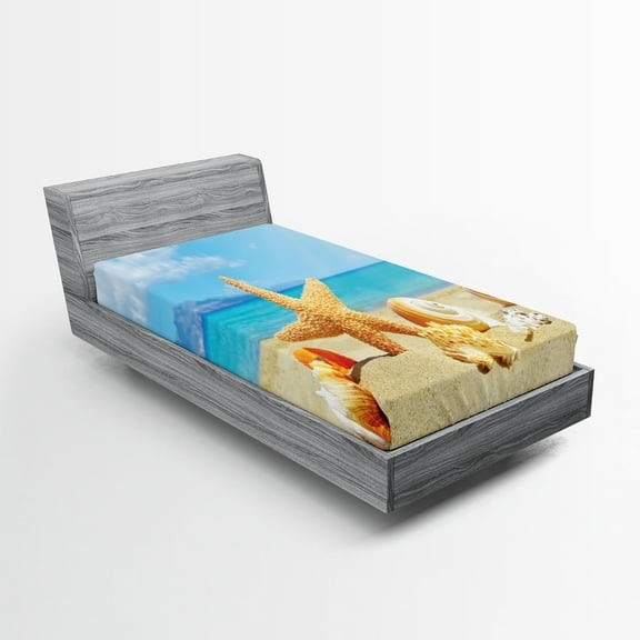 Ambesonne Summer Fitted Sheet, Beach Sand with Starfish, Twin Size, Aqua Ivory Mustard