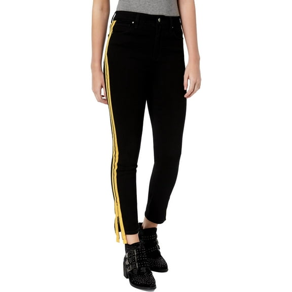 Tinseltown Womens Juniors Striped High Waist Jeans Black 1
