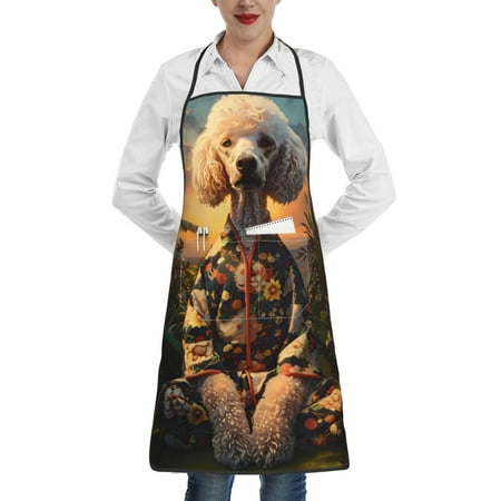 

Qekee Flower Field Poodle Print Adjustable Bib Apron Resistant with Pocket Cooking Kitchen Aprons for Women Men Server Chef Apron