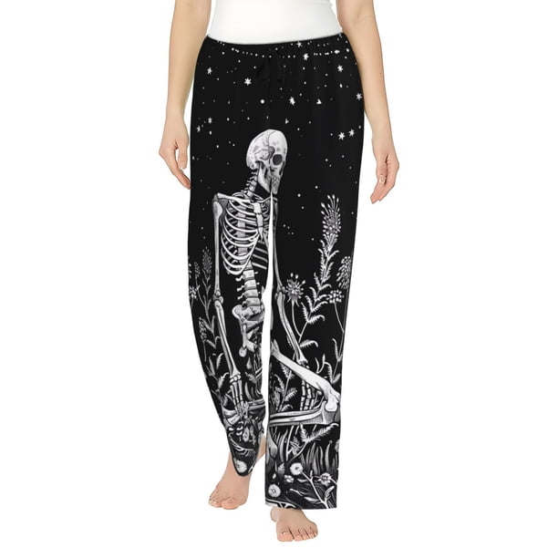 Fotbe Vintage Black white Plant skull Pantalones de Pijama para Mujer, Pantalones de Dormir, Pantalones Pj con Cordón y Bolsillos-Small