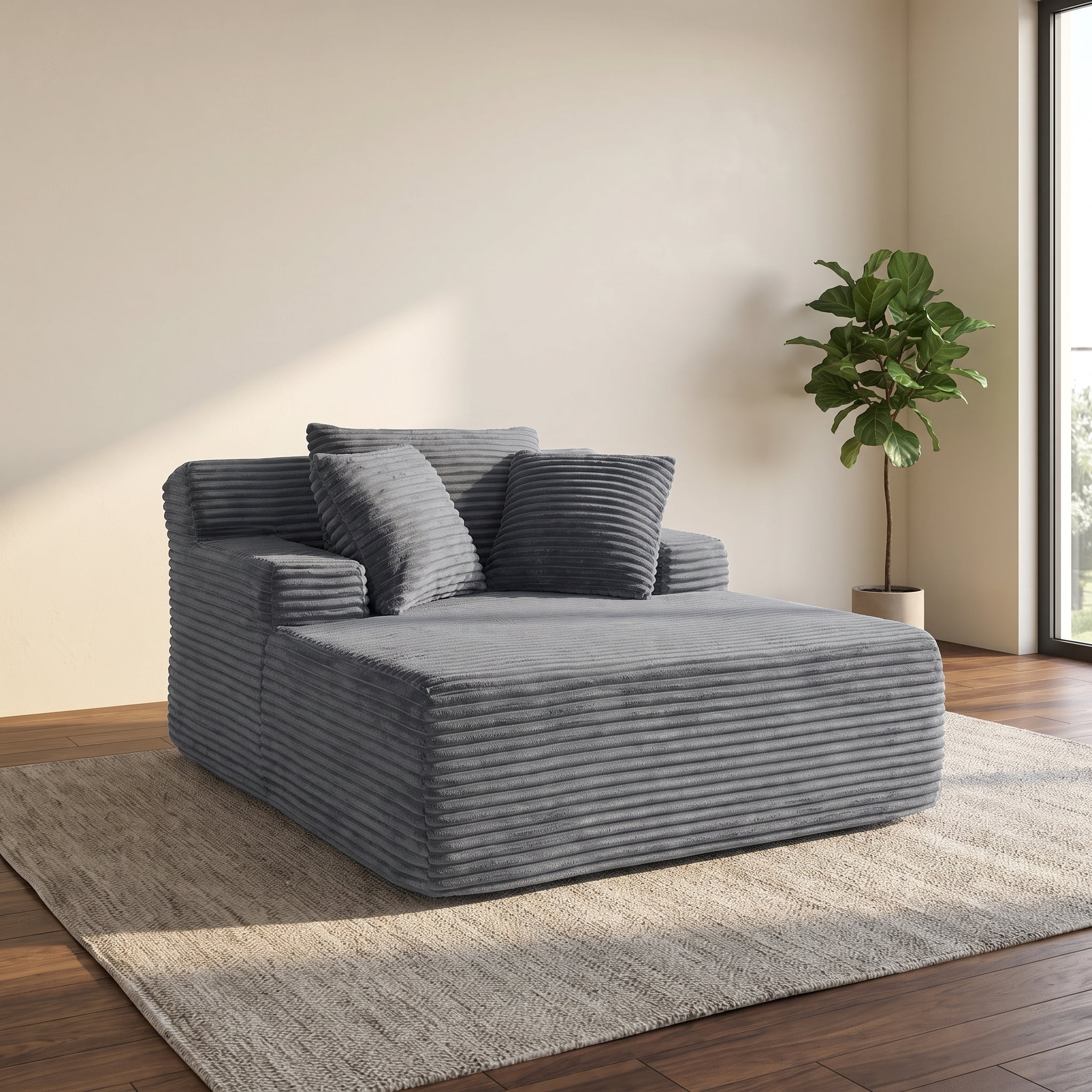 ShiKeyi 66'' Chaise Lounge Chair Indoor, No Assembly Required Cloud Floor Sofa Bed, Deep Seat Boneless Plush Corduroy Upholstered Couch with Pillows, Gray