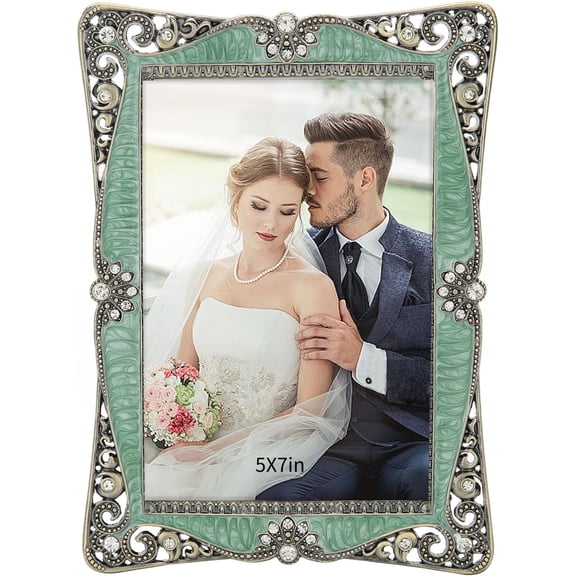 5x7in Vintage Picture Frame with Brass-Green Metal Diamond Decoration,Clear Glass Front Cover,Ornate Antique Art,Unique Gifts for Couple Women Wedding Mothers Day,Horizontally & Vertically