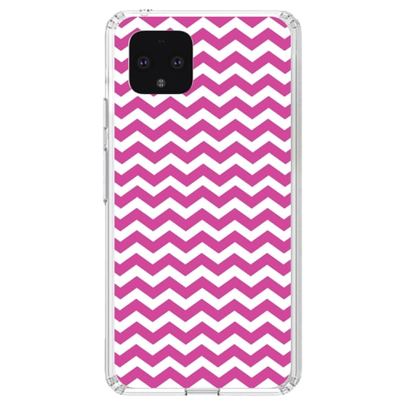 DistinctInk Clear Shockproof Hybrid Case for Google Pixel 4 (5.7" Screen) - TPU Bumper, Acrylic Back, Tempered Glass Screen Protector - Hot Pink White Chevron Stripes Wave - Chevron Stripes Pattern