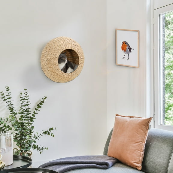 PawHut Wall Mounted Cat Condo with Washable Cushion, Nature Wood