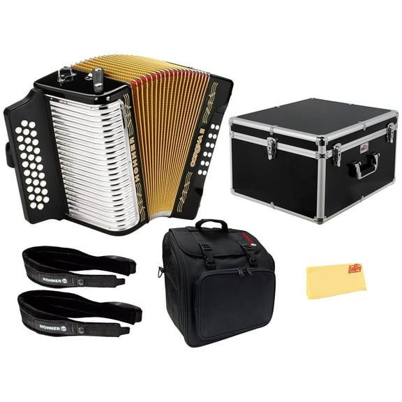 Hohner Corona II G/C/F Accordion - Black Bundle with Case, Gig Bag, Straps, and Austin Bazaar Polishing Cloth