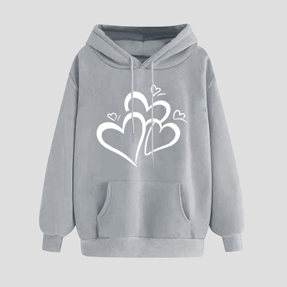 Usloyux Women's Cute Heart Print Hoodies Pullover Long Sleeve Sweatshirts with Pockets Casual Loose Fit Fall Winter Tops, Gray 2XL