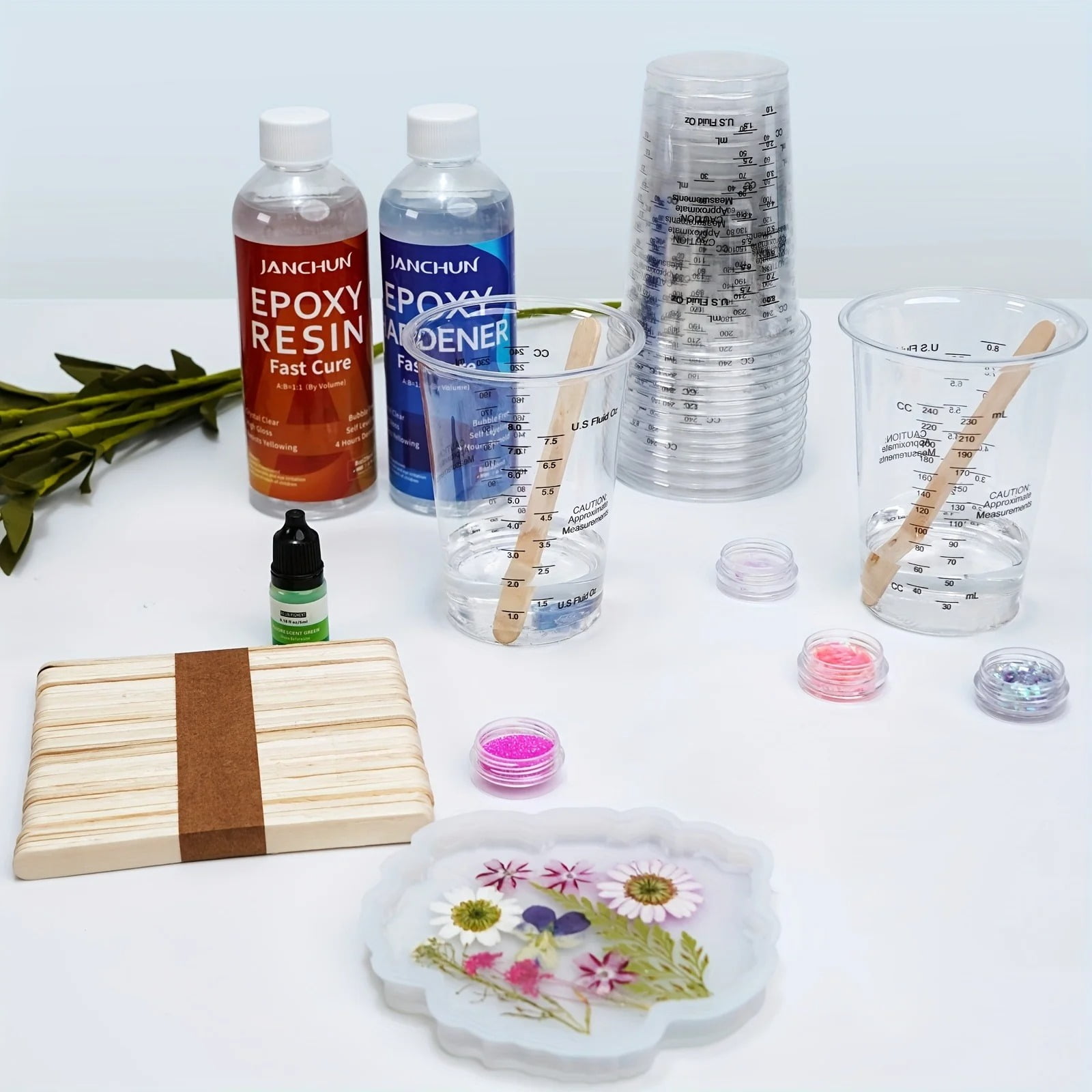 JANCHUN 150pcs Epoxy Resin Supplies Kit, Includes Mica Powder, Glitter, Golden, Silvery And Copper Foil Powder, Colour Ink, Measuring Cup, Gloves, Stirring Rod, Tweezer, Blessing Stickers