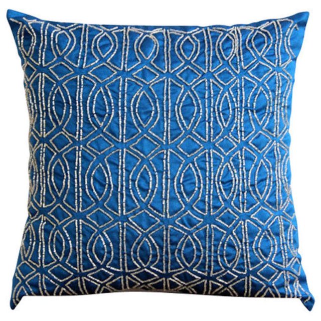 Cojines decorativos en azul rey, funda de almohada geométrica con diseño enrejado, 35 x 35 cm (14 x 14 pulgadas), funda de almohada cuadrada de seda, geométrica, moderna - Azul rey geométrico