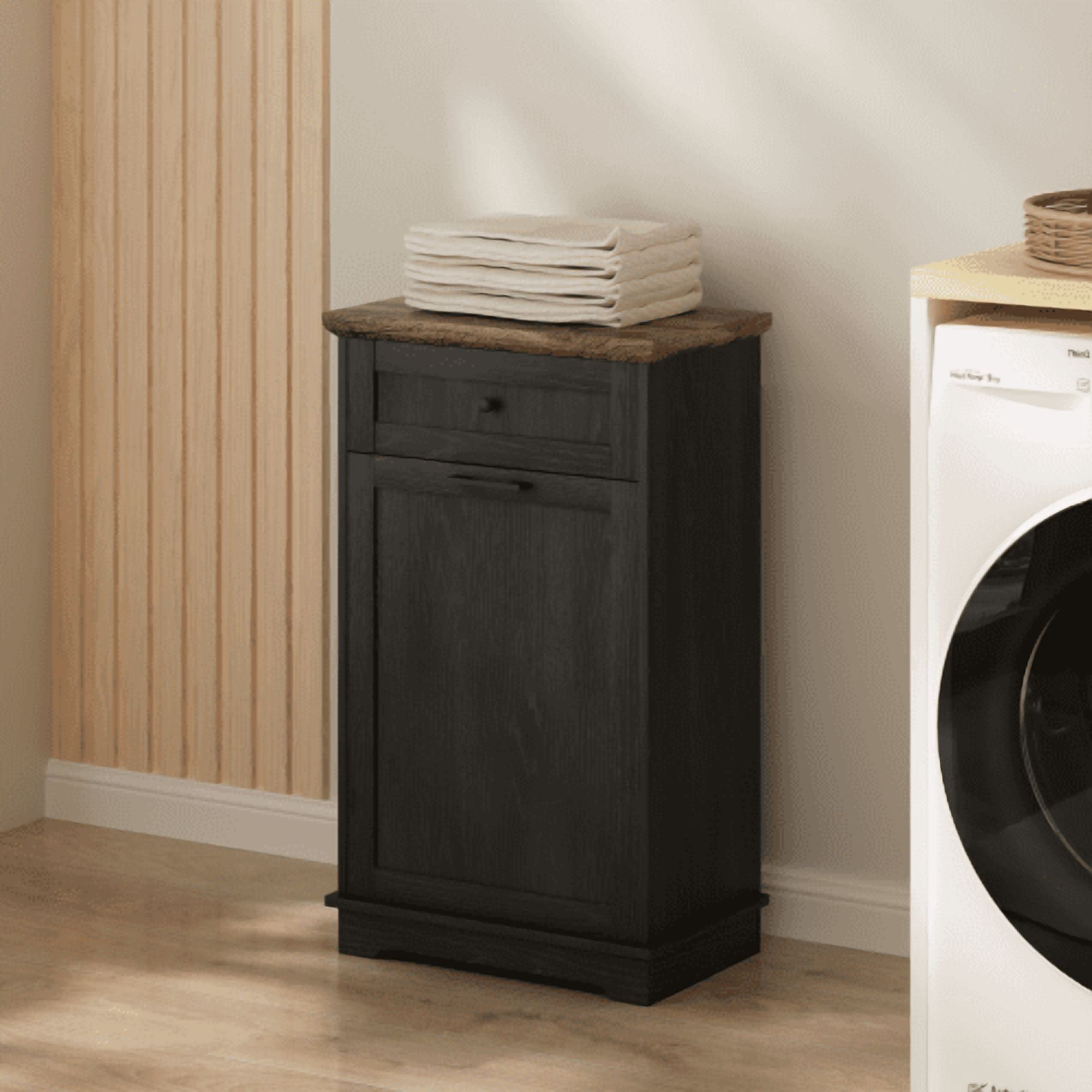 10 Gallon Tilt Out Trash Cabinet, Freestanding Wooden Garbage Recycling Bin with Hideaway Drawer, Pet Proof Trash Can Holder for Kitchen Living Room, Antique Black (Trash Can Not Included)