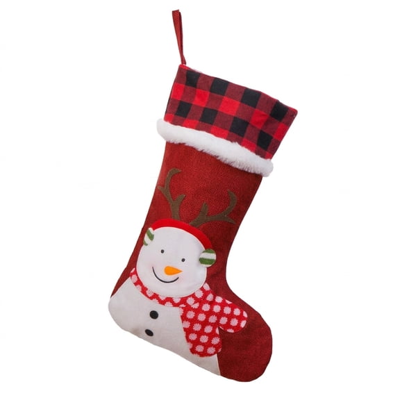 MTIANG 16.5 Inch Red Burlap Christmas Stocking, Snowman Character With Reindeer Antlers, Buffalo Plaid Cuff For Fireplace Decor