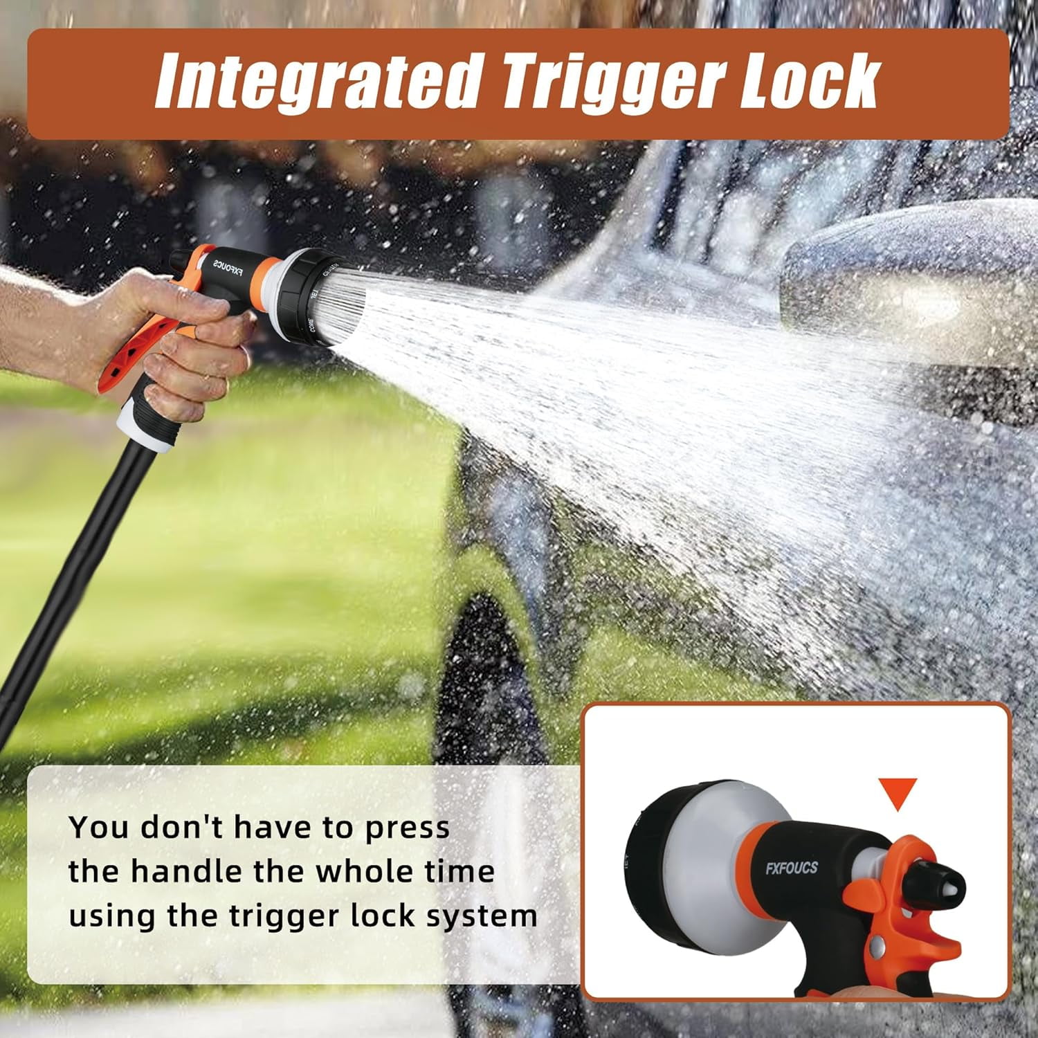 Garden Hose Nozzle Sprayer– this high heavy-duty spray nozzle offer 8 watering patterns for watering plants, lawns & gardens, washing cars, household (Dark Orange)