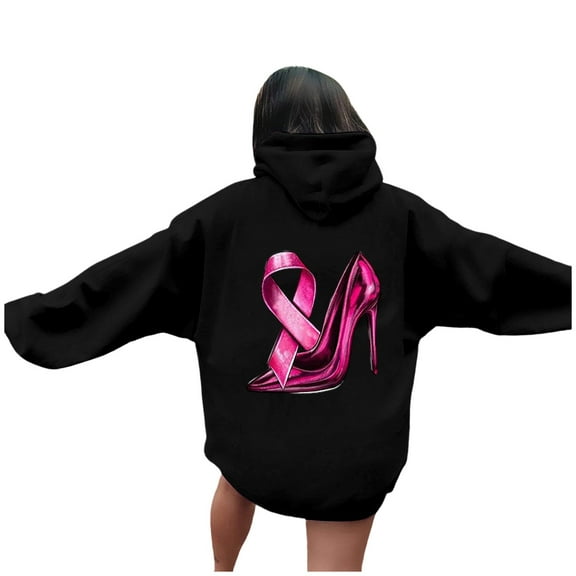 Women's Round Neck Hooded Sweatshirt Long Sleeved Cancer Survivor Hoodies Casual Pink Ribbon Printed Shirts Trendy Pullover Tops