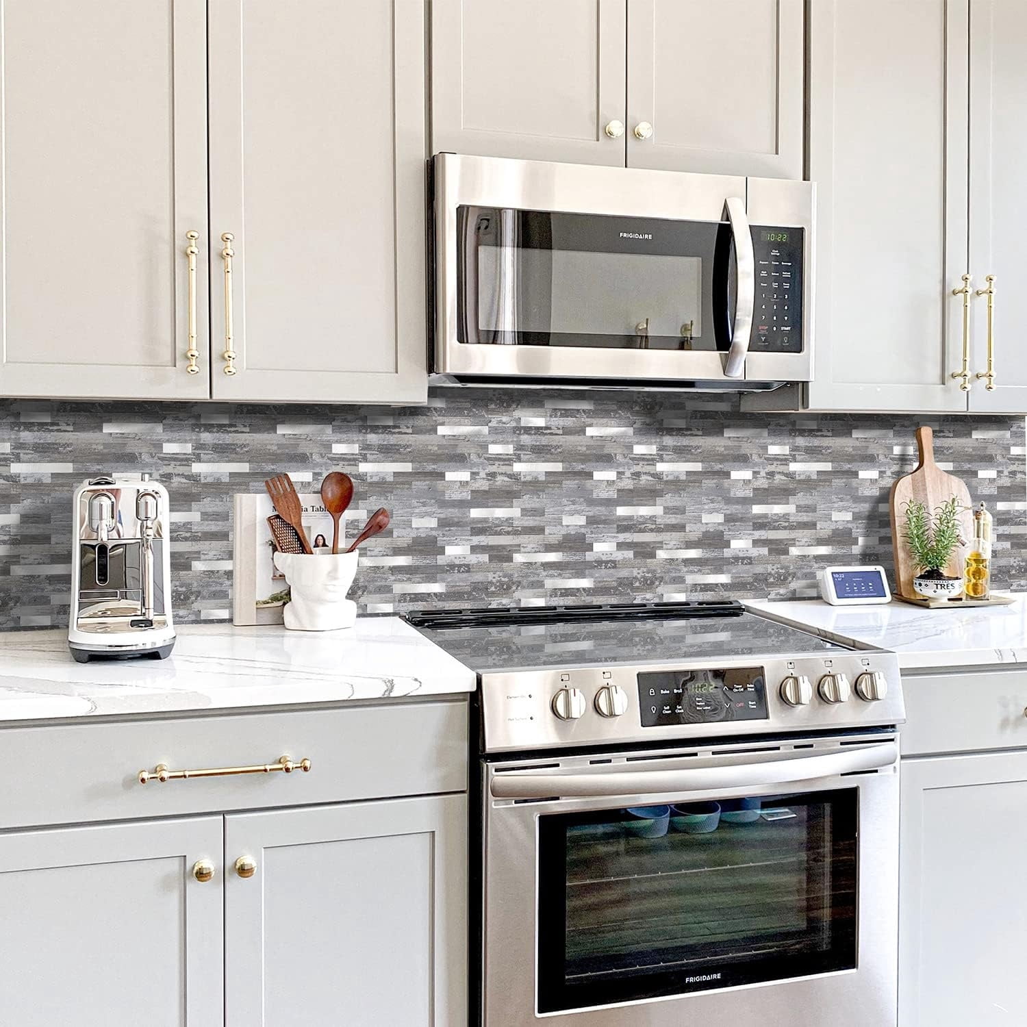 Peel and Stick Backsplash, PVC Wall Tiles Stick on Backsplash for Kitchen(10 Sheets, Distressed Wood with Metal Silver)