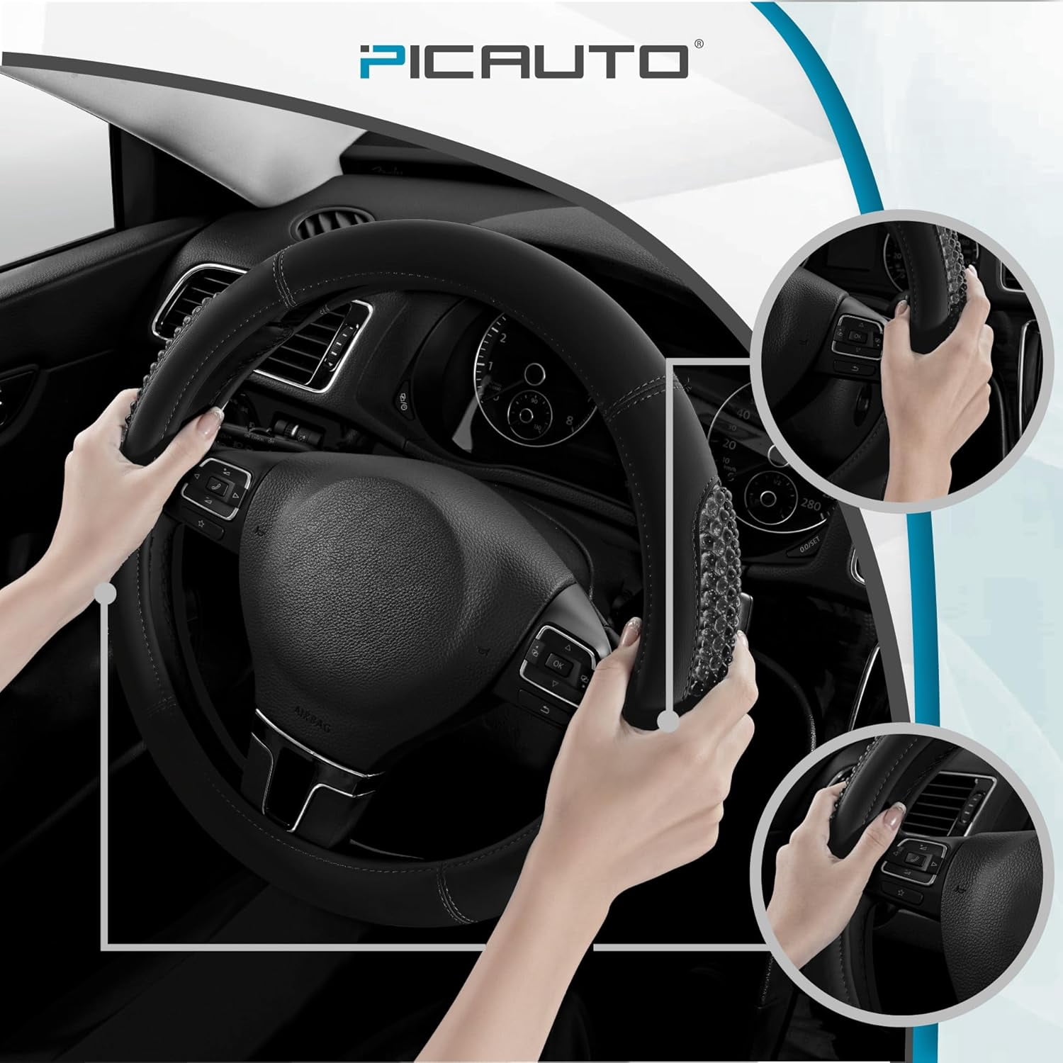 Gel Particles Steering Wheel Cover, Black Luxury Leather Car Steering Wheel Protector, Universal Fit 14.5"-15.5" Anti-Slip Car Interior Accessories for Girls & Women