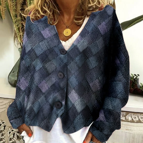 IMENGL Women's casual plaid printed cardigan, Blue XL, Size M-3XL