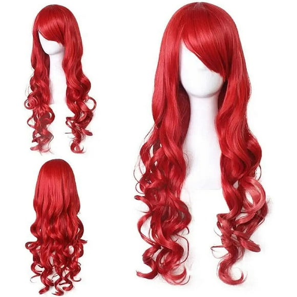 Red Wig for Women 80cm 31.5inch Long Curly Red Cospaly Hair Heat Resistant Wig with Side Bangs
