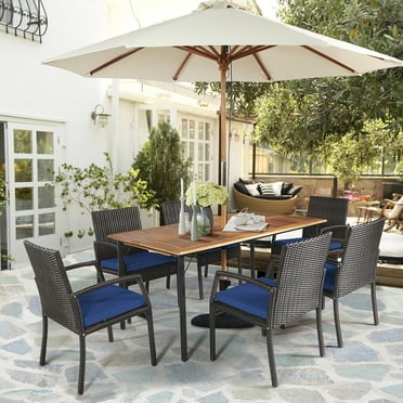 Costway 7PCS Patio Rattan Dining Set W/ Cushion Umbrella Hole Navy