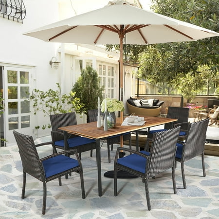 Costway 7pcs Patio Rattan Dining Chair, Outdoor Dining Table Sets With Umbrella Hole