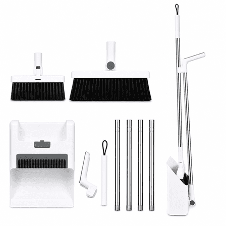Broom and Dustpan Combo Set, 4-in-1 Long Handle Cleaning Broom with Self-Cleaning Dustpan Comb, Floor Scrub Brush, Standing Storage, White