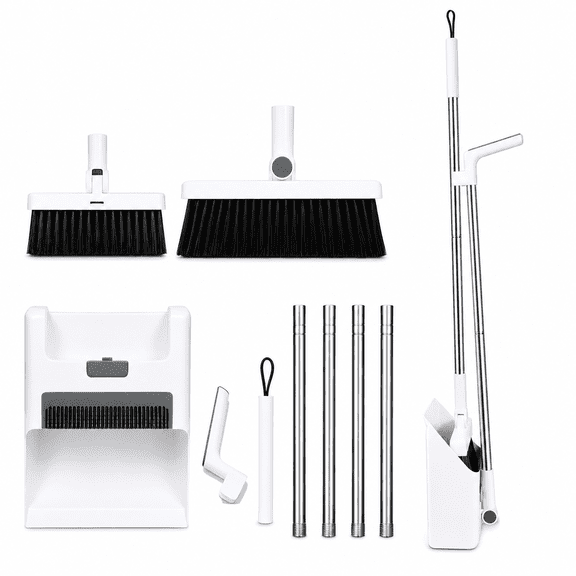 Broom and Dustpan Combo Set, 4-in-1 Long Handle Cleaning Broom with Self-Cleaning Dustpan Comb, Floor Scrub Brush, Standing Storage, White