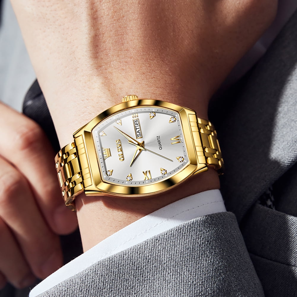 OLEVS Mens Watches Square Business Dress Diamond Analog Quartz Date Luxury Watches for Men Dress Casual Stainless Steel Waterproof Luminous Mens Wrist Watches Gifts Reloj para Hombre Gold/Black Dial