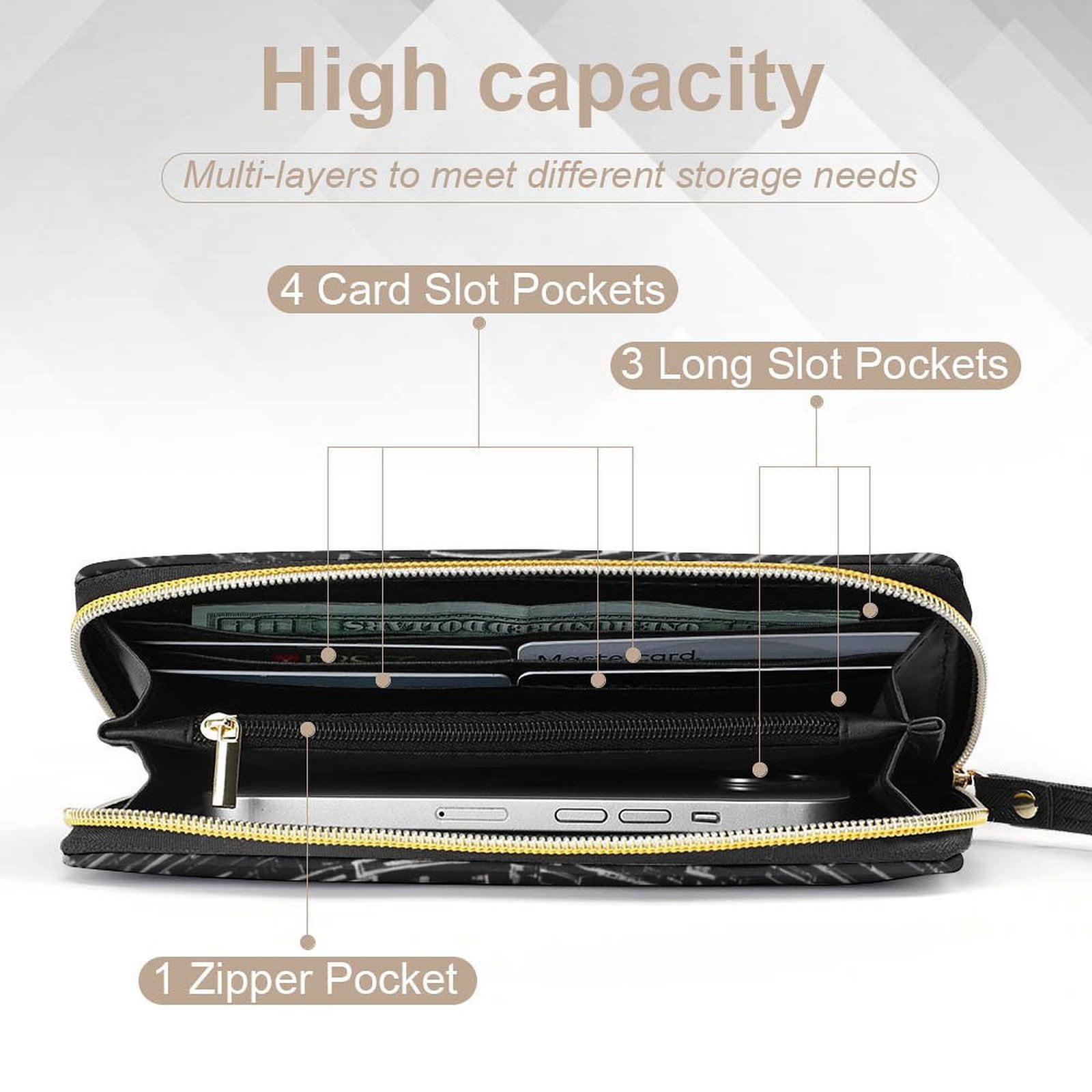 Womens Wallet Bifold Ladies Cluth Bag Wristlet Wrist Strap Long Purse Boho Black Circle Design