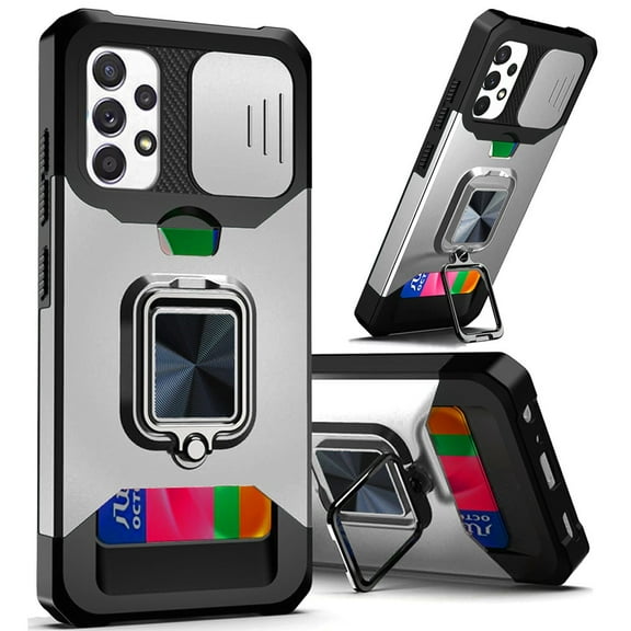 For Samsung Galaxy A33 5G Wallet Case with Ring Stand & Slide Camera Cover Credit Card Holder, Military Grade Hard Shockproof Cover ,Xpm Phone Case [Silver]