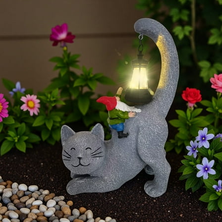 Solar Garden Decor Cat Figurine Light Cat Outdoor Statue with Solar Lantern Fairy Garden Ornaments for Outside Patio,Porch,Yard, Backyard Housewarming Gifts