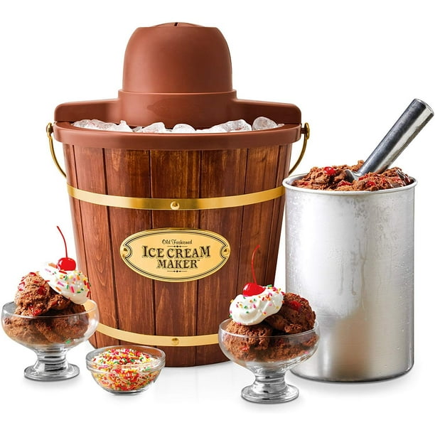 Nostalgia ICMW400 Electric Bucket Ice Cream Maker With Easy Carry Handle Makes 4 Quarts in Minutes Frozen Yogurt Gelato Made From Real Wood