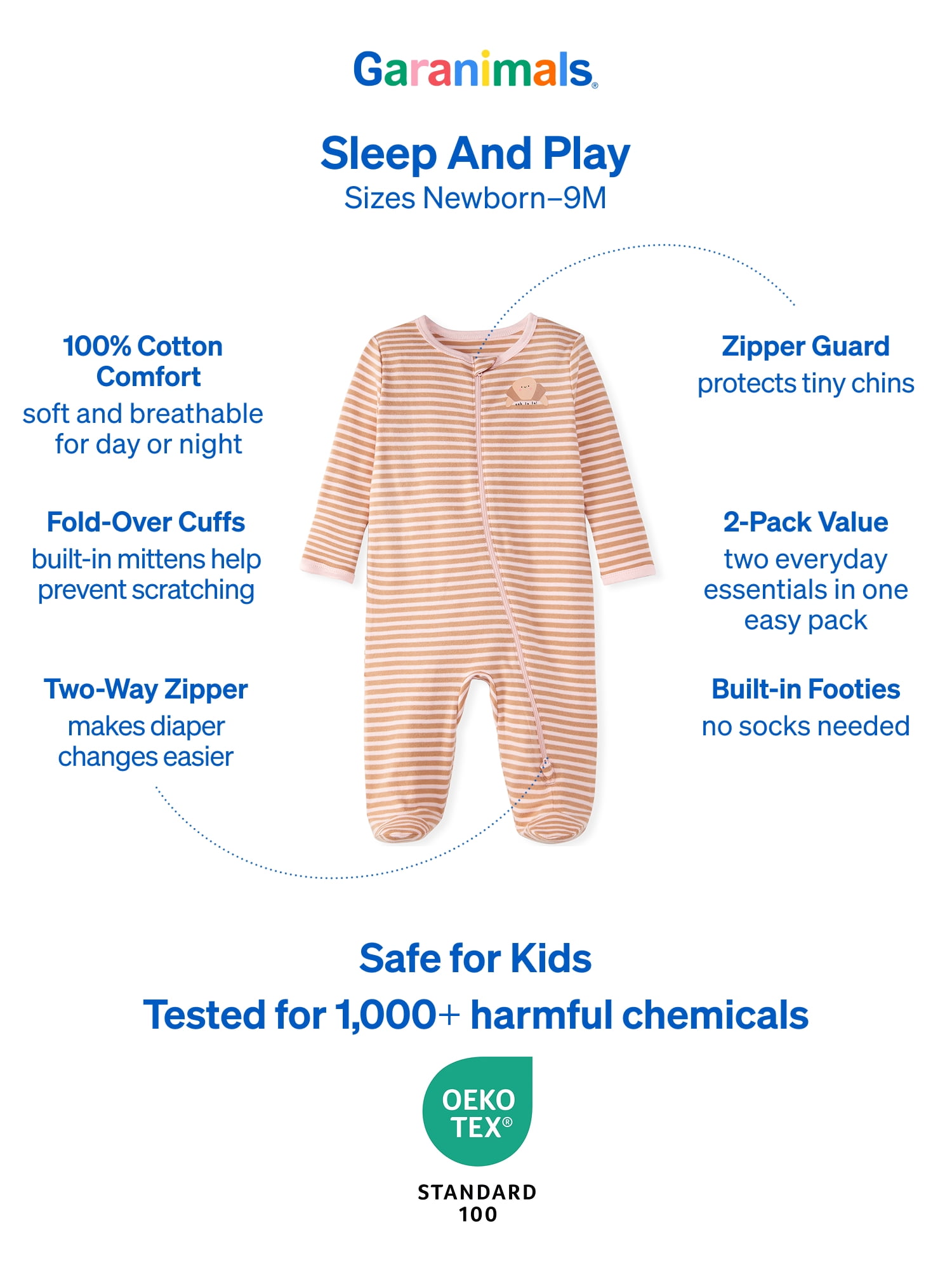 Garanimals Newborn & Baby 100% Cotton Footed Sleep & Play, Sizes Newborn–9M, 2-Pack