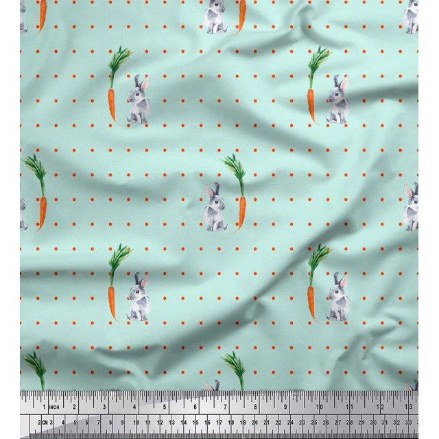 Soimoi Crepe Silk Fabric Carrot & Rabbit Dots Print Fabric by the Yard 42 Inch Wide