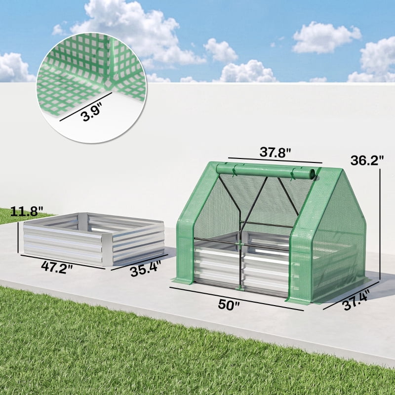 Alvantor Galvanized Raised Garden Bed with Mini Greenhouse Cover 50" Green & Gray 2-in-1