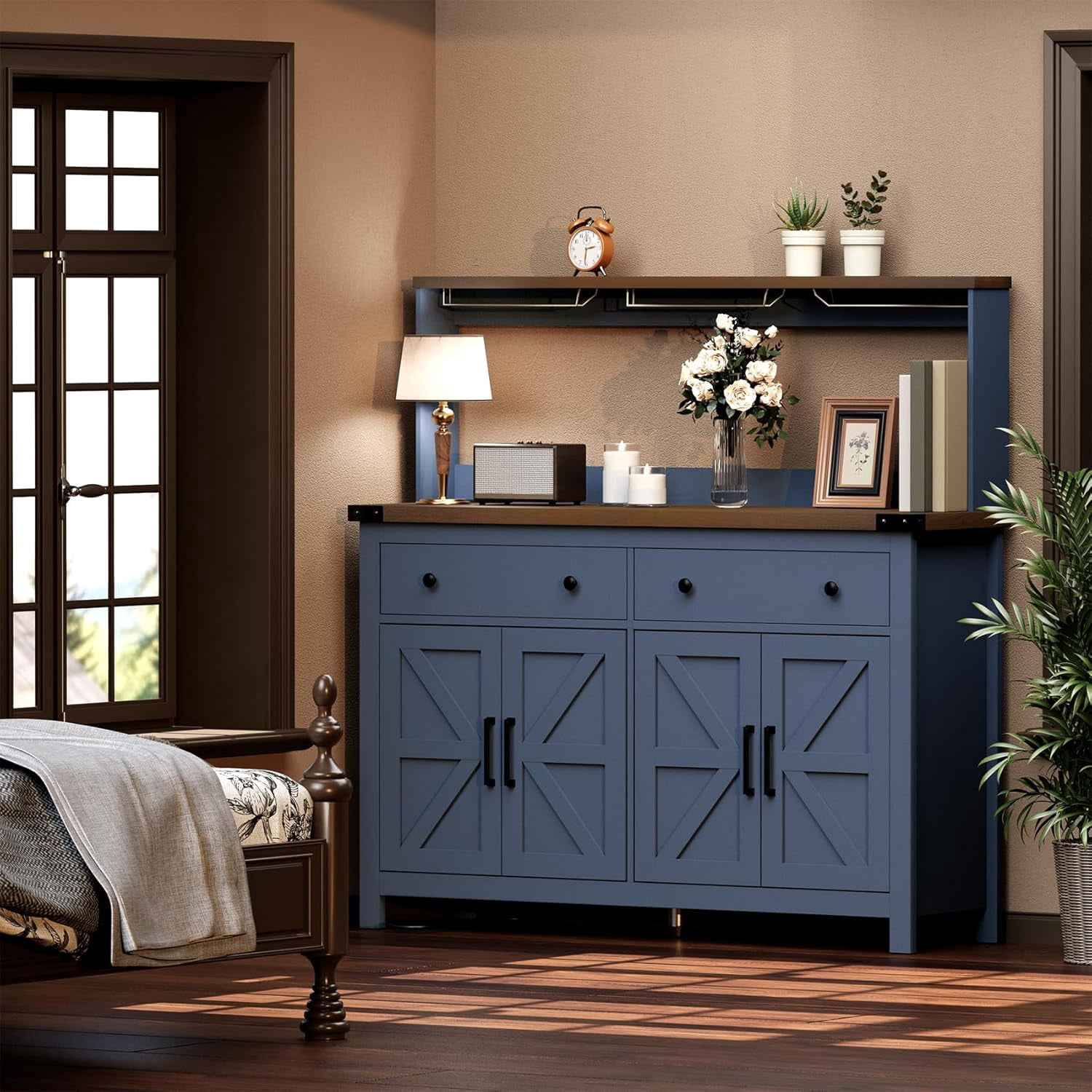 HAUXITIO Storage Cabinet Buffet with Drawers and Charging Station,Coffee Bar Cabinet,Sideboard with Barn Doors,Wine Rack and Hooks,Blue