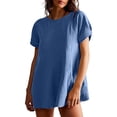 thumbnail image 2 of Womens V Neck Tops Women's Oversized Tee Loose Solid Color Short Sleeved Round Neck Shirt Lady T Shirts Loose Fitting Blue S, 2 of 6