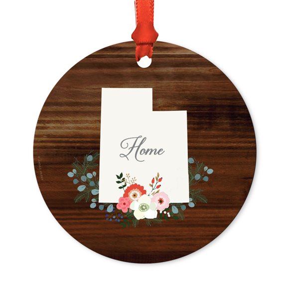 US State Round Metal Christmas Ornament, Rustic Wood with Florals Home, Utah, Includes Ribbon and Gift Bag
