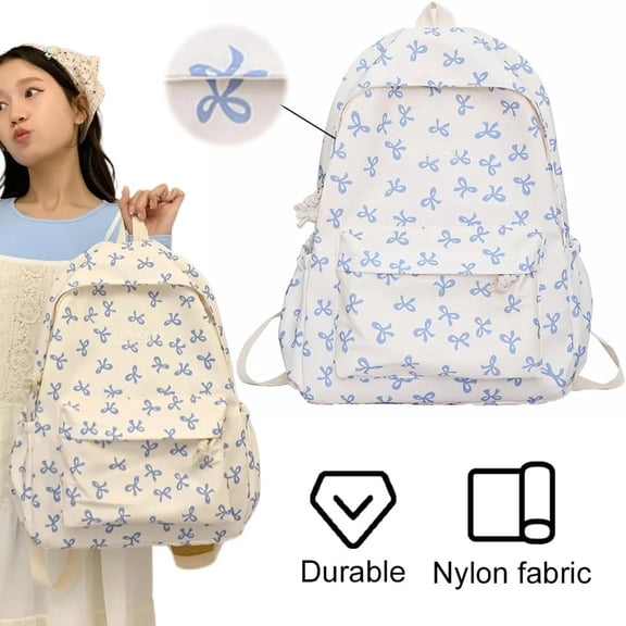 Cute Bow Print Nylon Backpack, Blue White Patterned Daypack, Lightweight Water Resistant Bag with Laptop Compartment