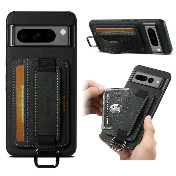 For Google Pixel 6A Wallet Case, Card Holder Kickstand Phone Case for Women, Premium Leather Purse with Wrist Strap, Ring Holder Cover Credit Card Slot Cover for Google Pixel 6A,Black