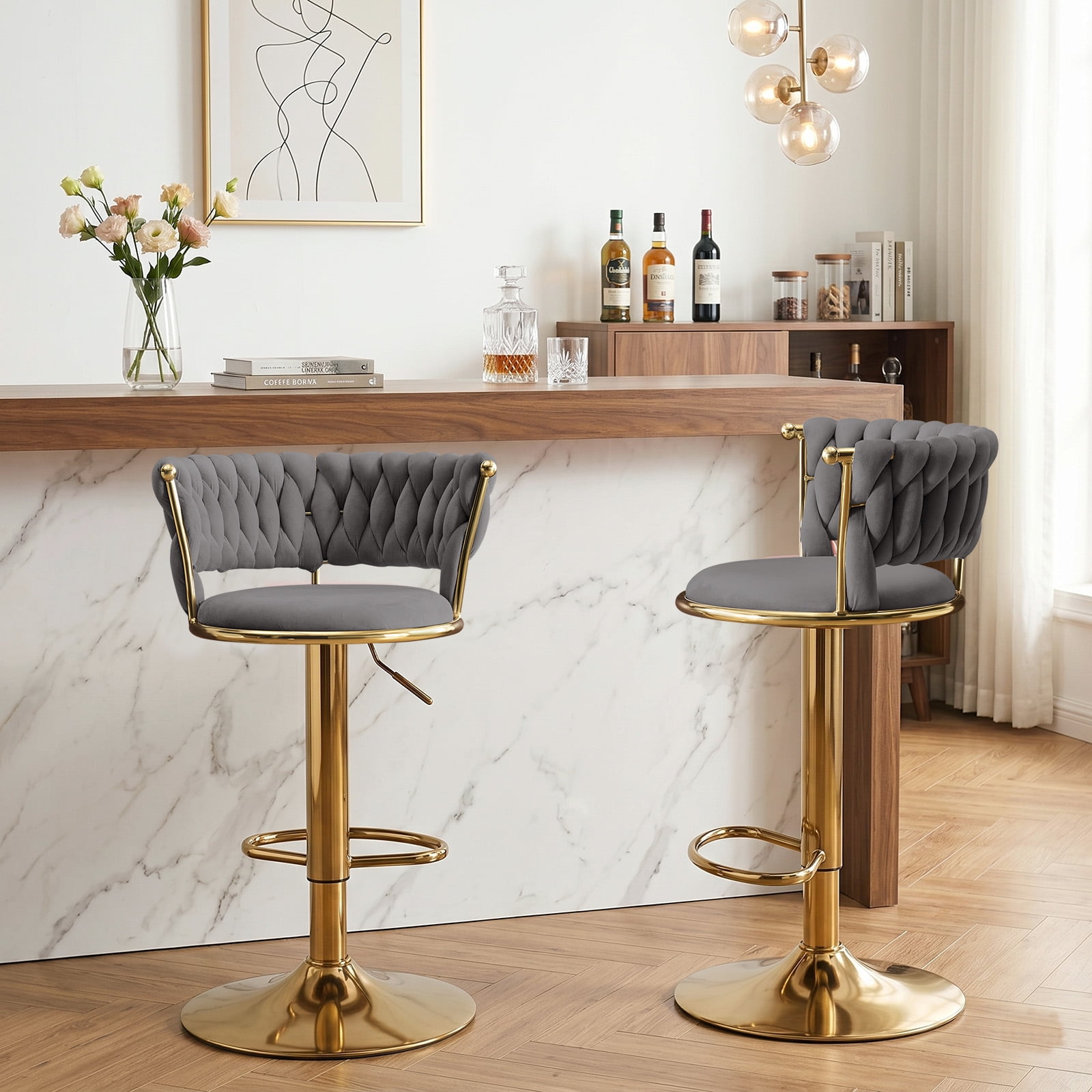 Velvet Swivel Bar Stools Set of 2, Adjustable Height Barstools with Woven Back and Footrest for Kitchen Island, Dining Room, Gray