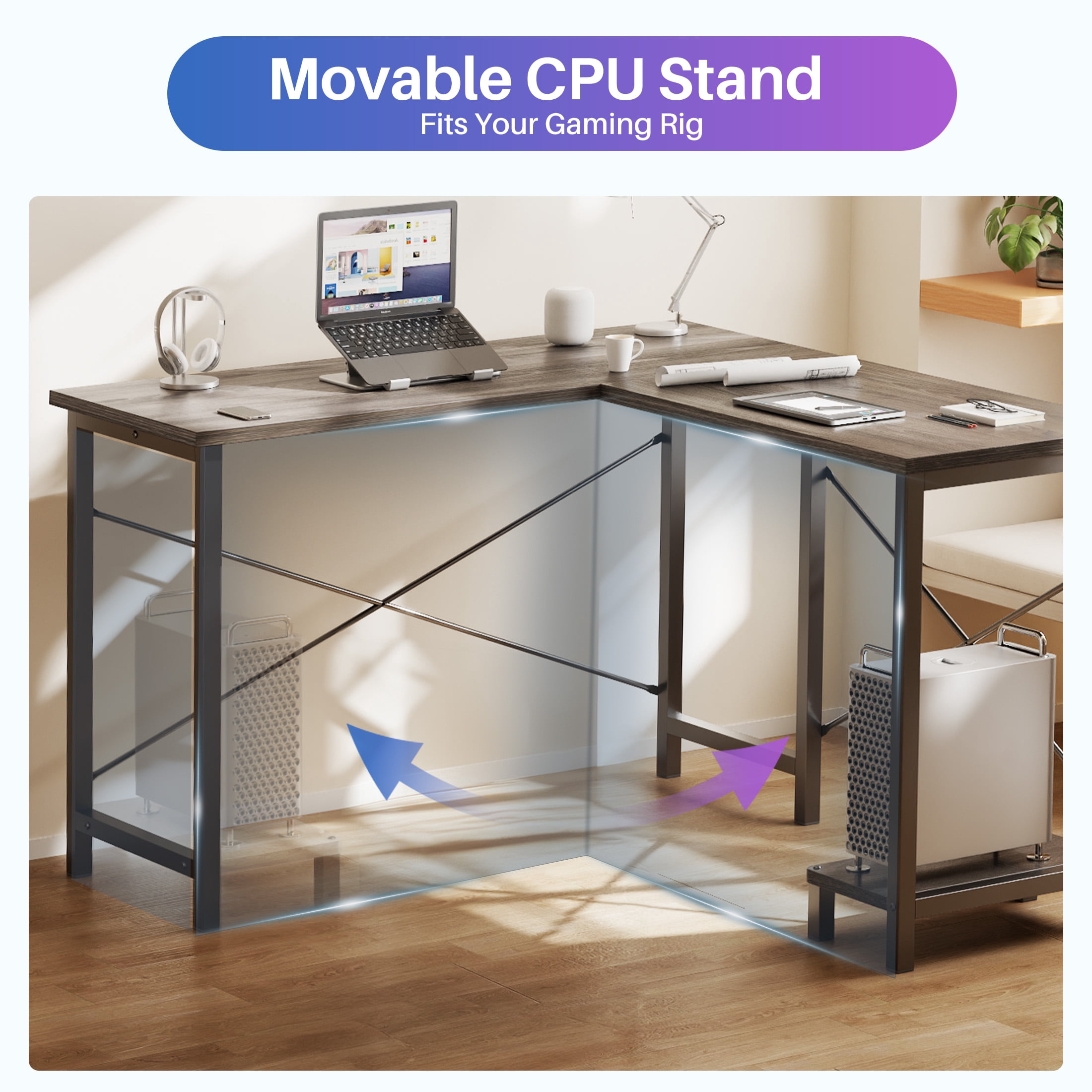 CONCETTA 49” L Shaped Computer Desk with Movable CPU Stand, Corner Desk for Save Space, Home Office, Wood Gray
